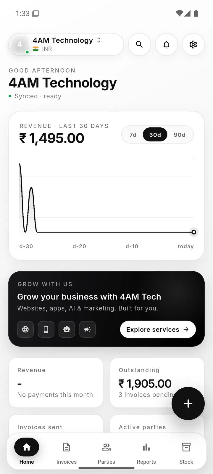 Home dashboard with revenue chart and KPIs
