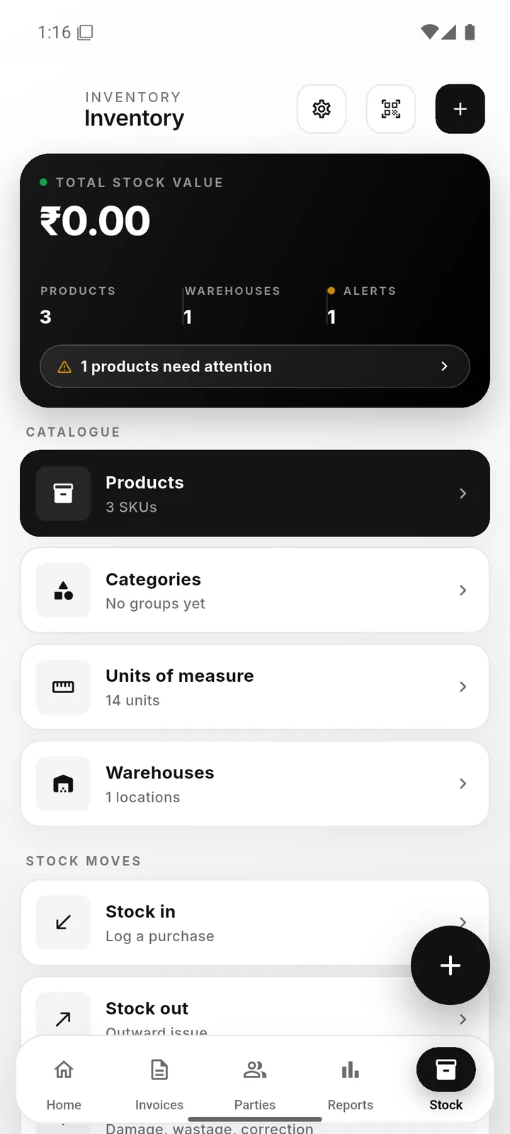Inventory hub: products, categories, warehouses