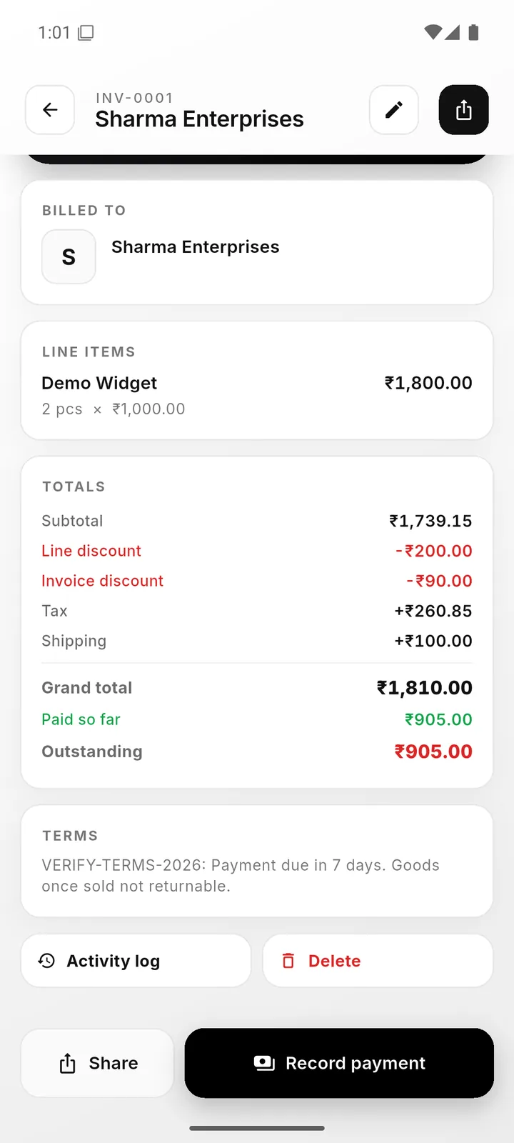 Invoice tax and totals breakdown