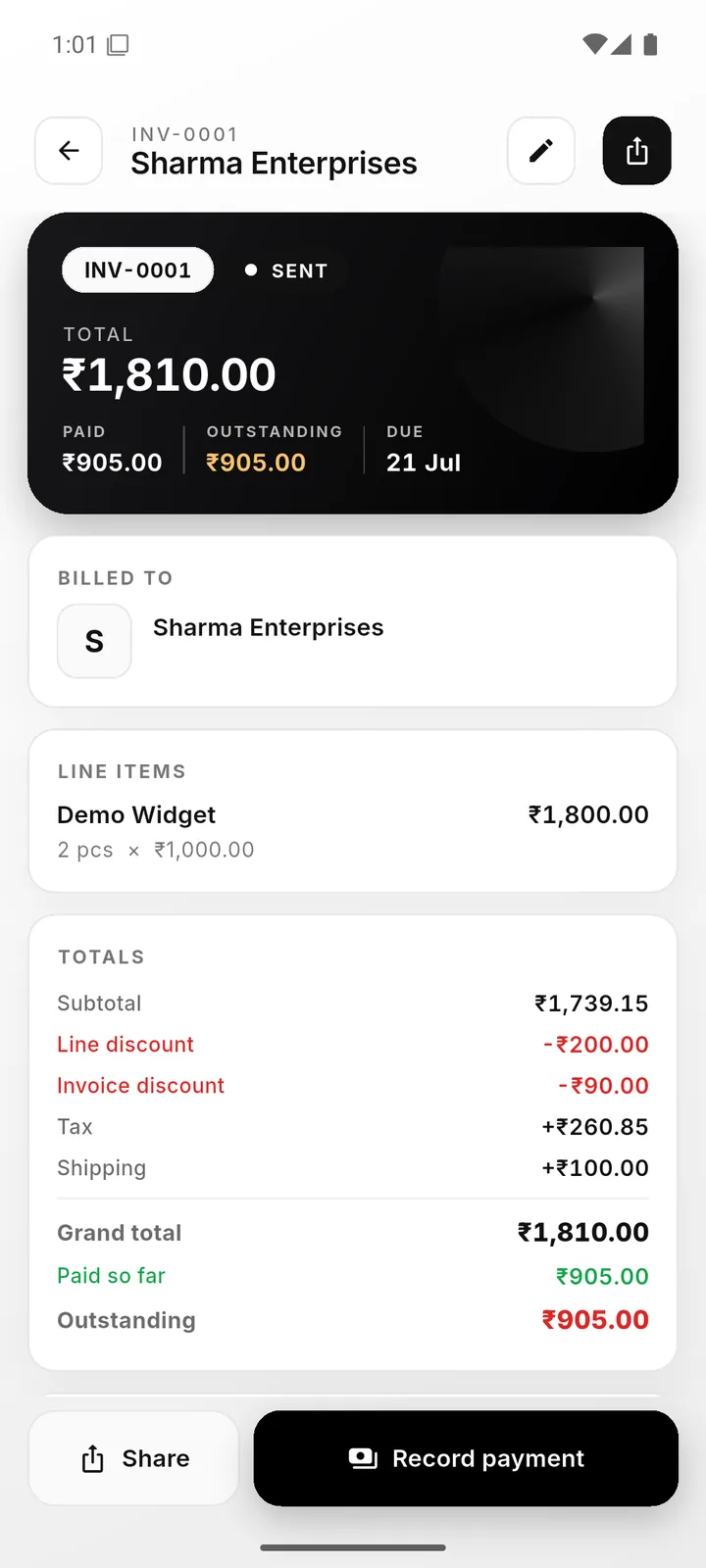 Invoice detail with share and payment actions