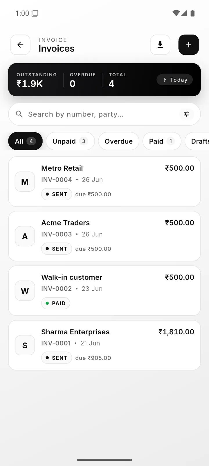 Invoice list with outstanding total