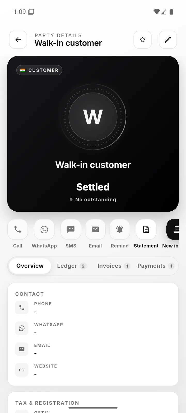 Party quick actions: call, WhatsApp, statement