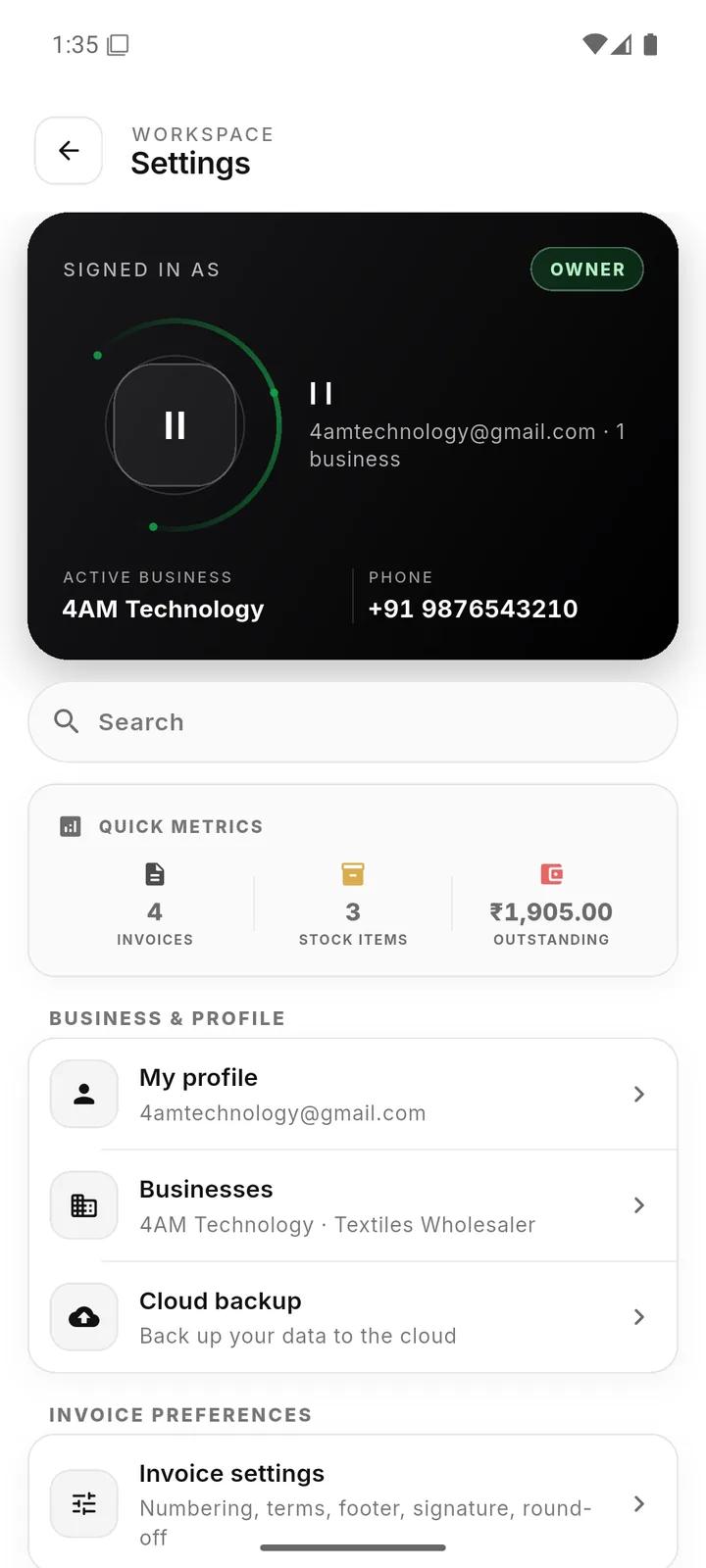 Settings and workspace hub