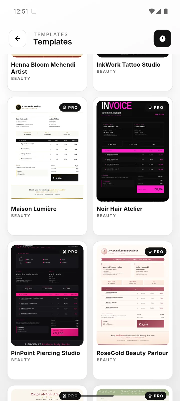 More template categories