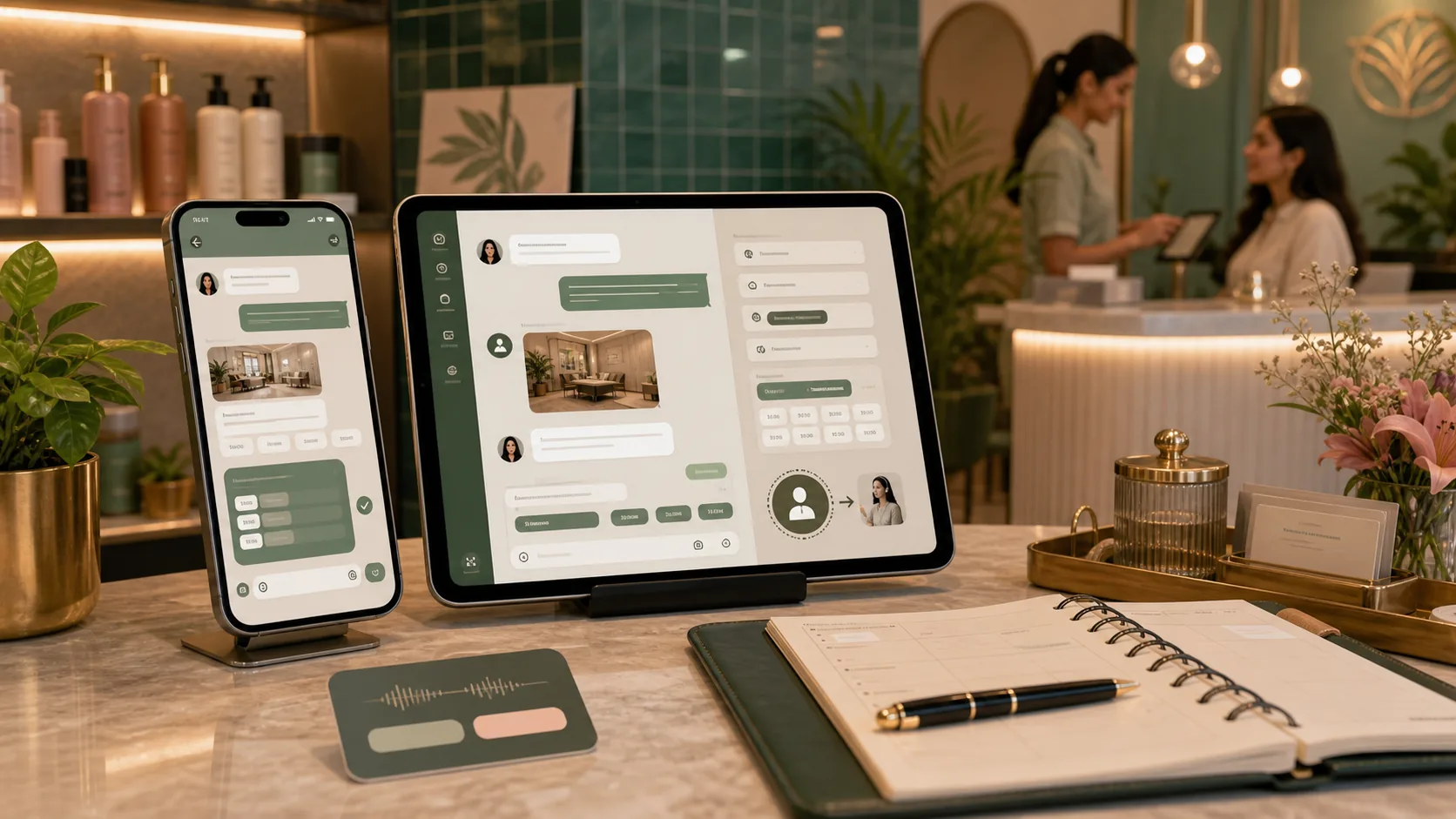 Branded messaging business agent shown on phone and tablet in a premium service reception setting.