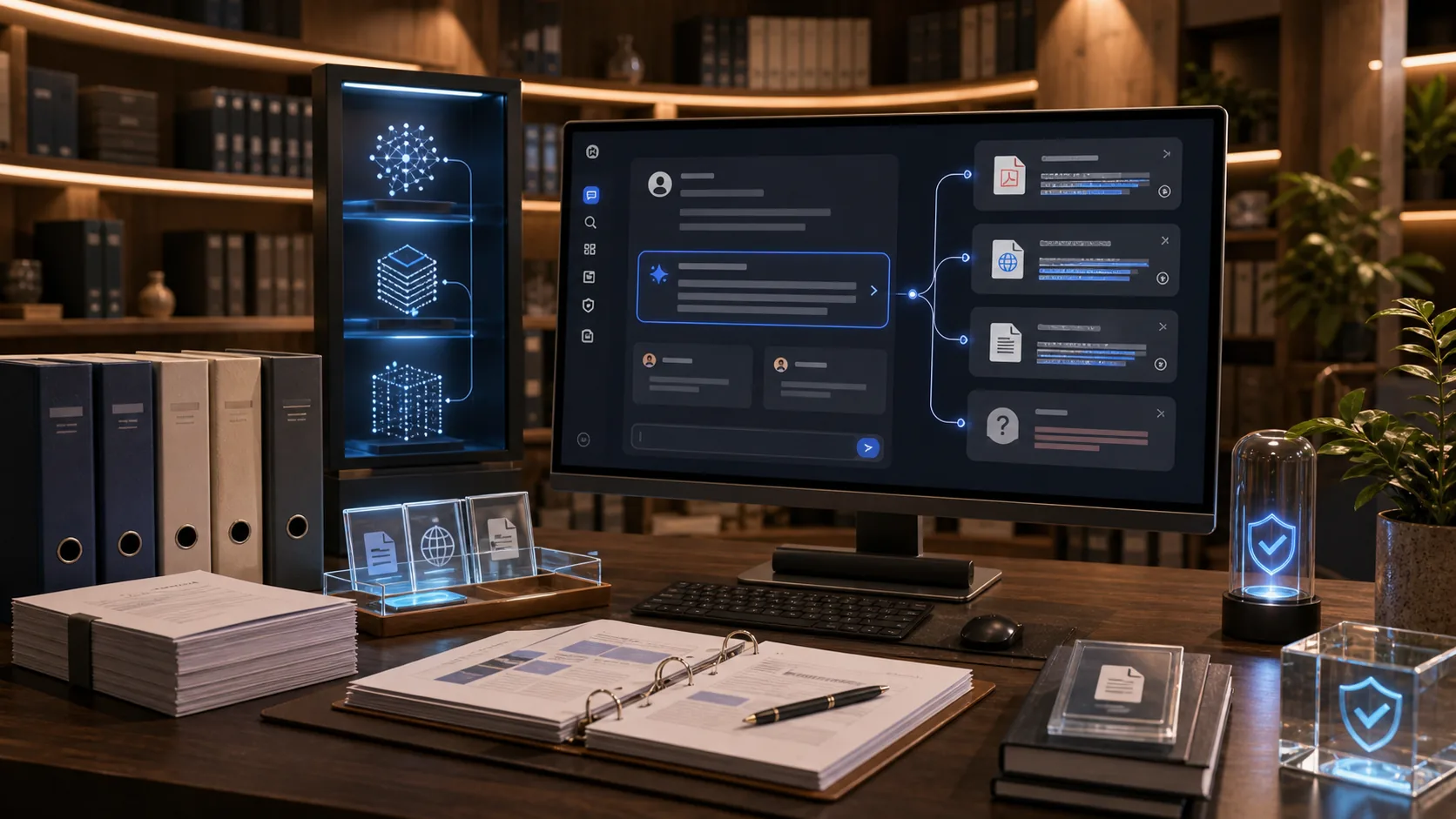 Document-grounded support agent connected to company documents, citations, and guardrail cues.