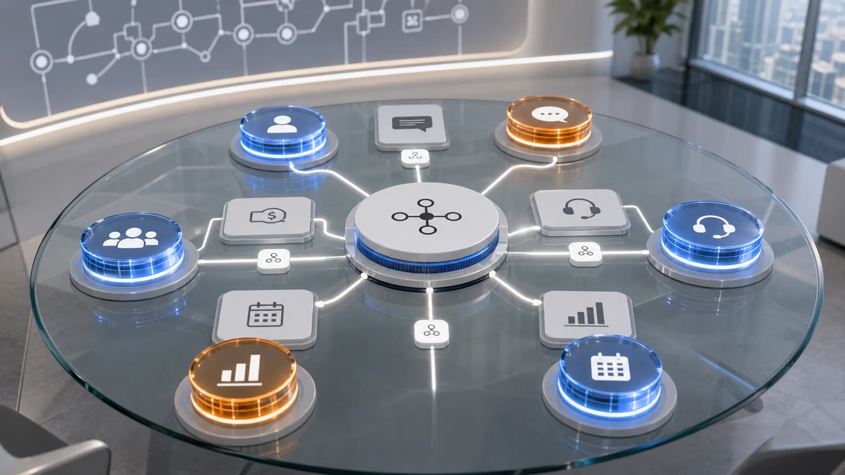 Multi-agent business workflow shown as coordinated specialist modules around a central process hub.