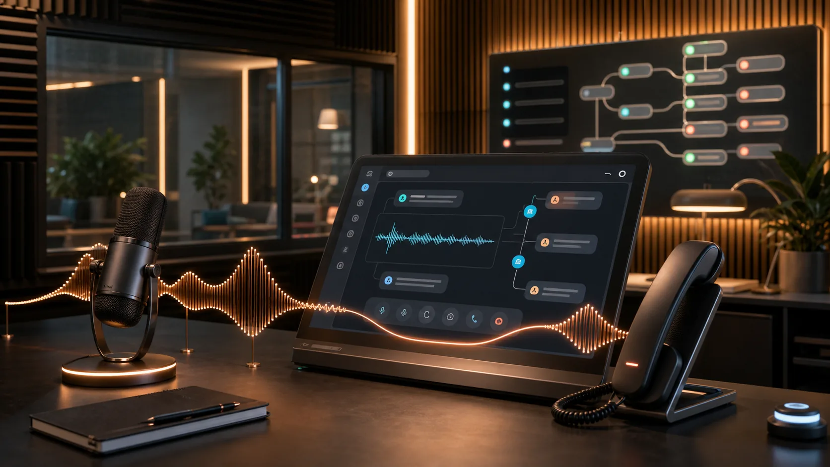 Voice agent console with microphone, phone dock, waveform, and call-routing workflow.