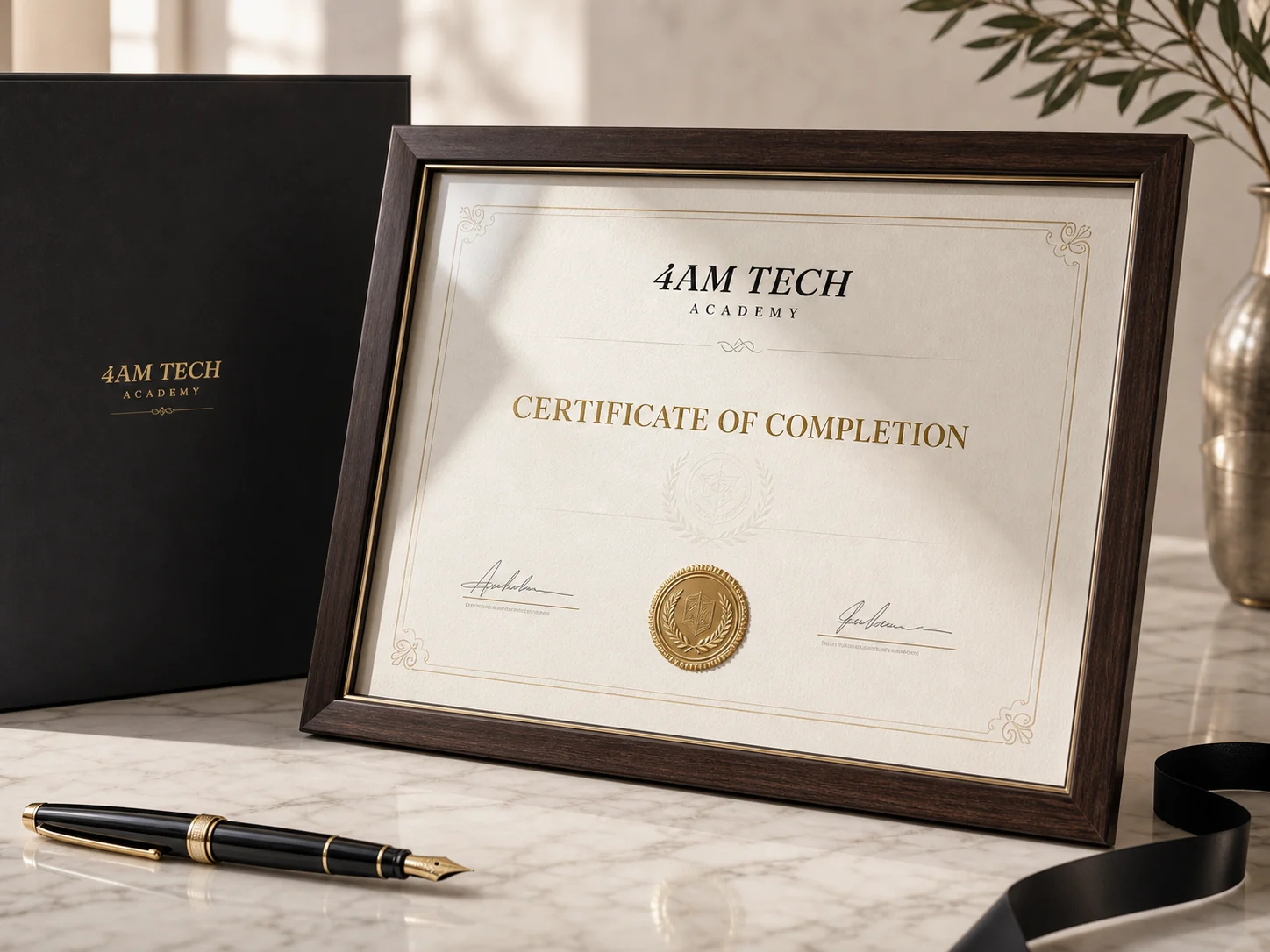 Framed 4AM Tech Academy certificate of completion with an embossed seal and premium presentation folder.