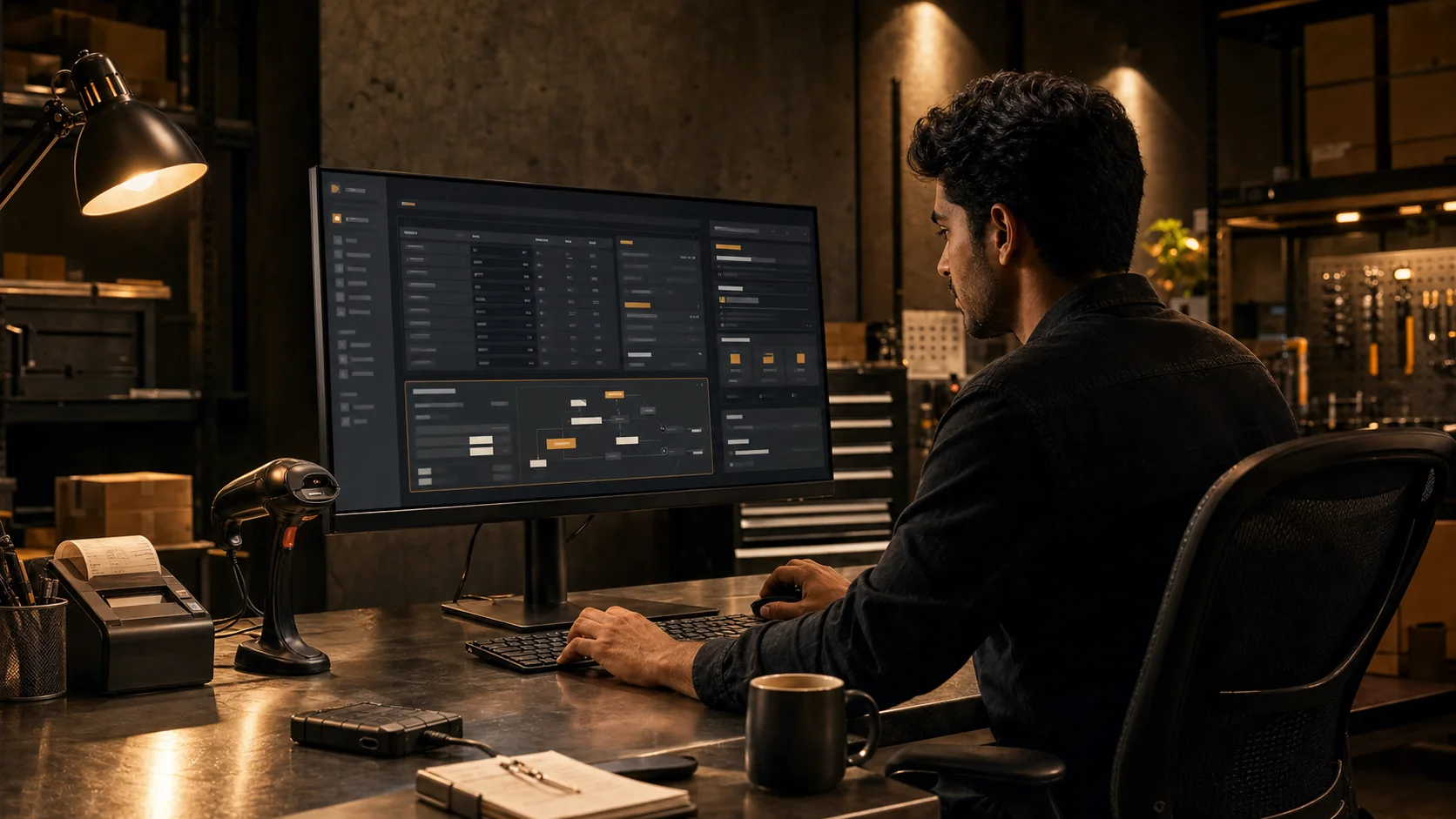 Builder working on production desktop software with business hardware and offline tools.
