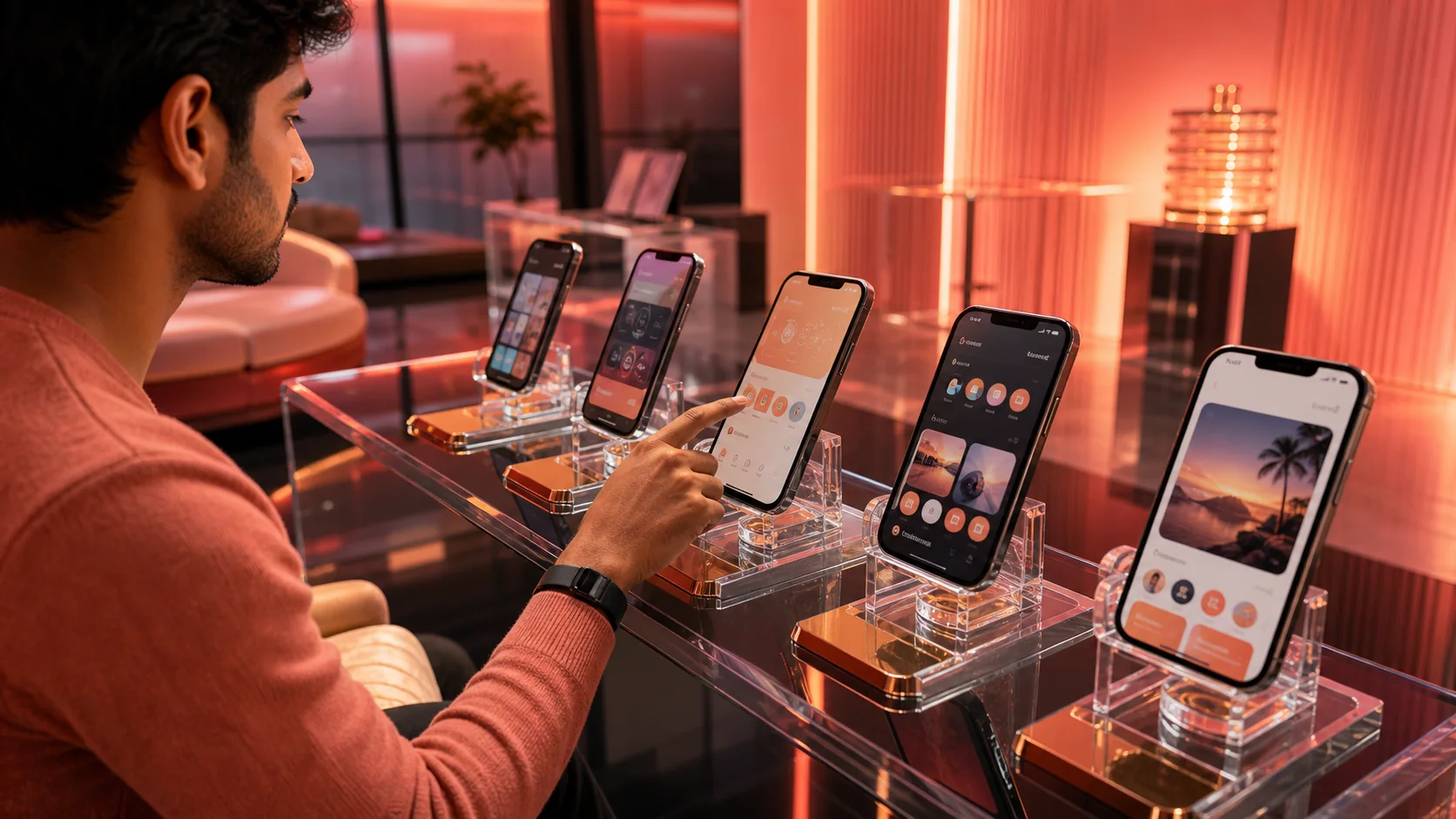 Learner testing store-ready mobile app screens across premium smartphones.