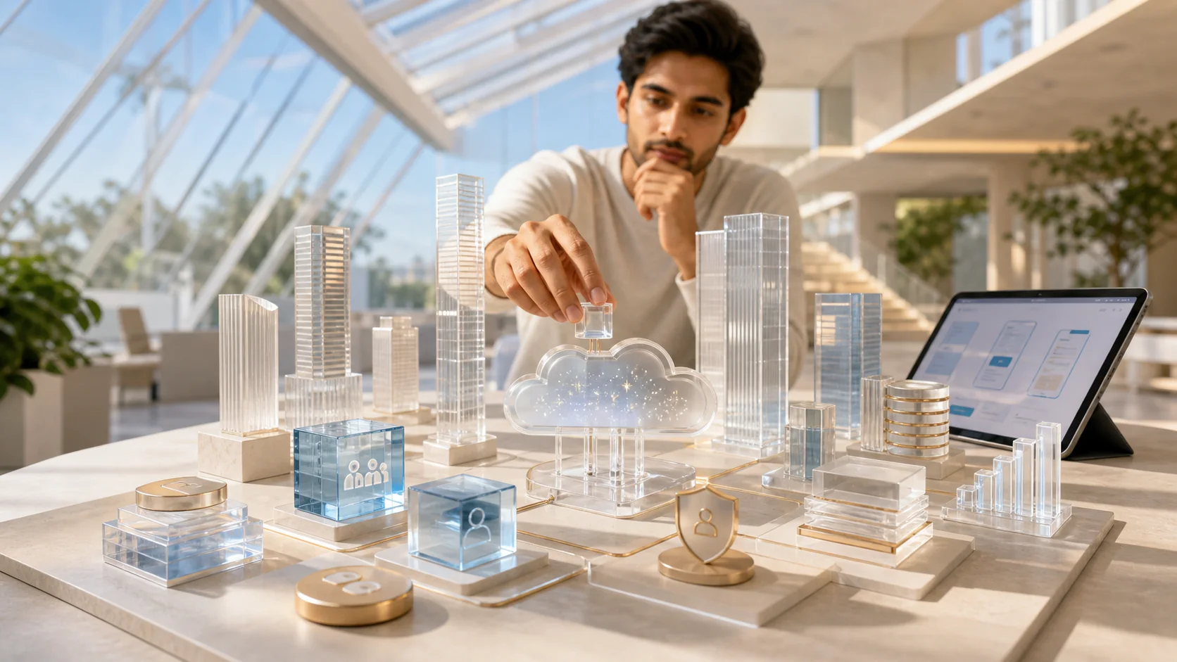 Founder-builder shaping a premium SaaS ecosystem with tenants, billing, roles, and cloud modules.
