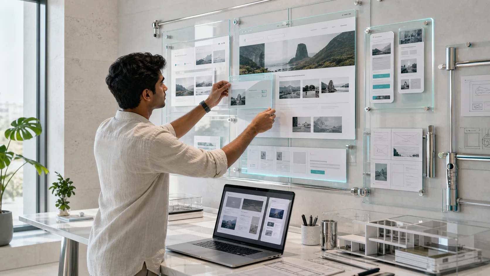 Learner assembling premium website layouts on glass panels for the Web Development program.