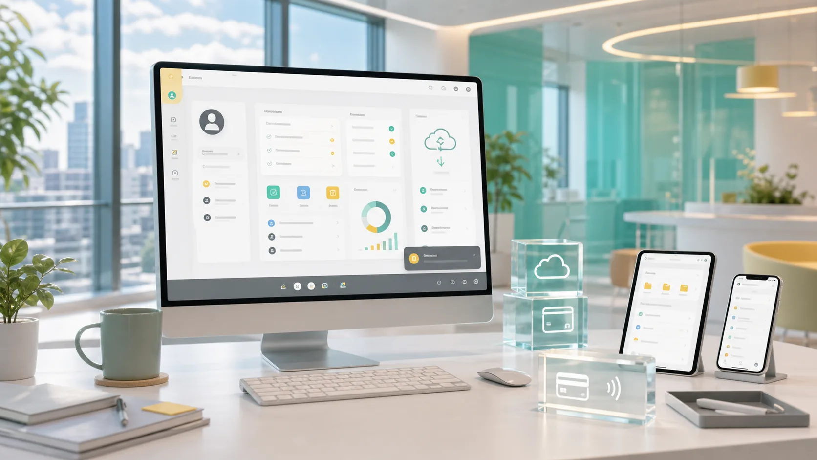 Connected productivity desktop app with login, cloud sync, payment module, and system tray cue.