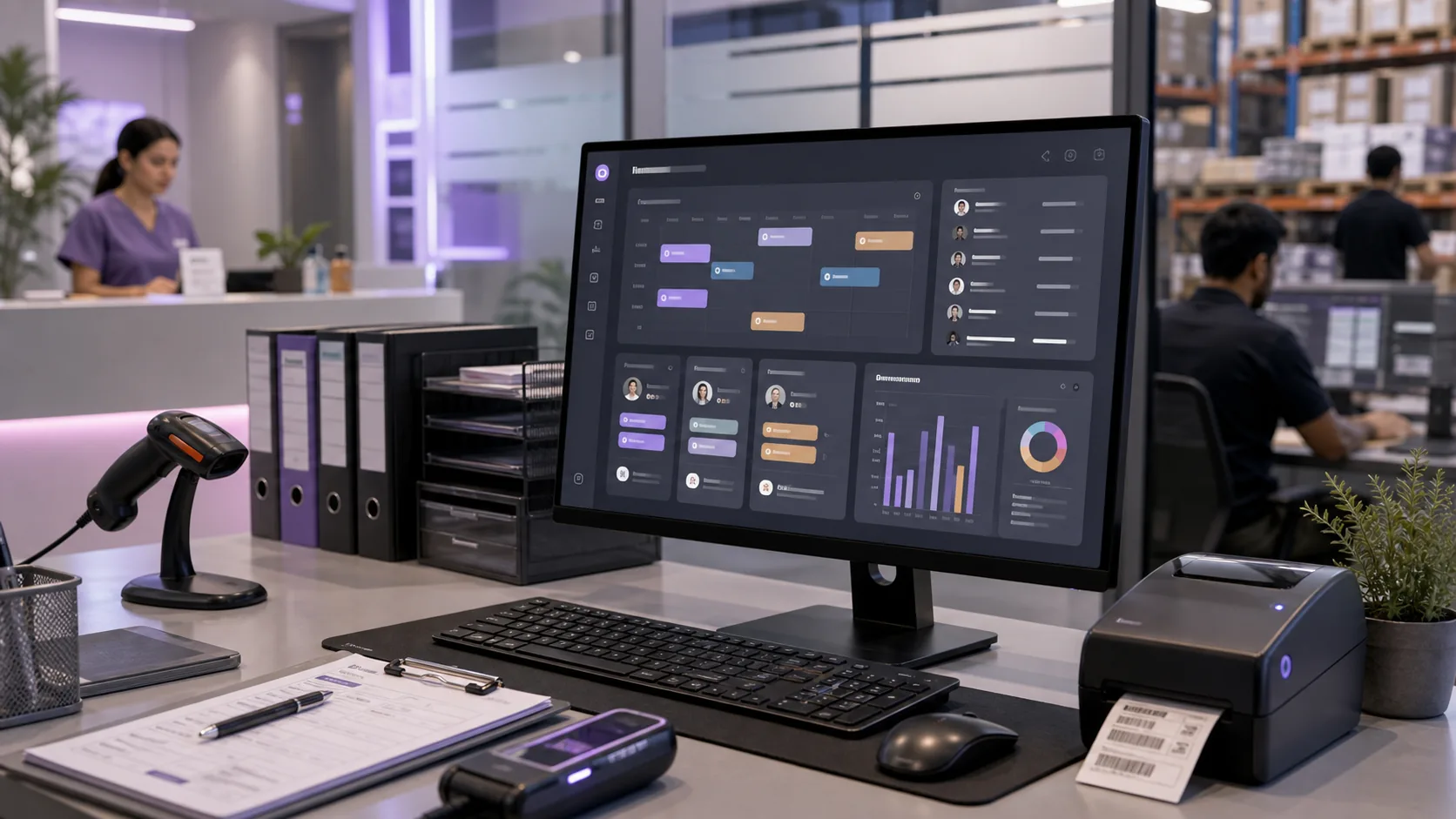 Internal business desktop tool shown in an operations office with records, reports, scanner, and staff workflow.