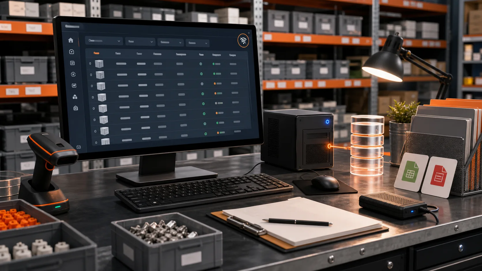 Offline-first inventory manager on a warehouse workstation with local database, search filters, scanner, and export cards.