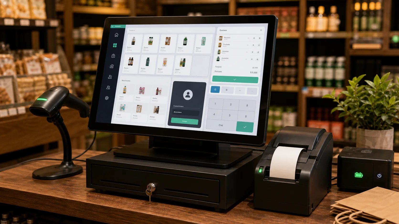 Offline POS and billing system running on a retail counter with receipt printer, scanner, and inventory shelves.