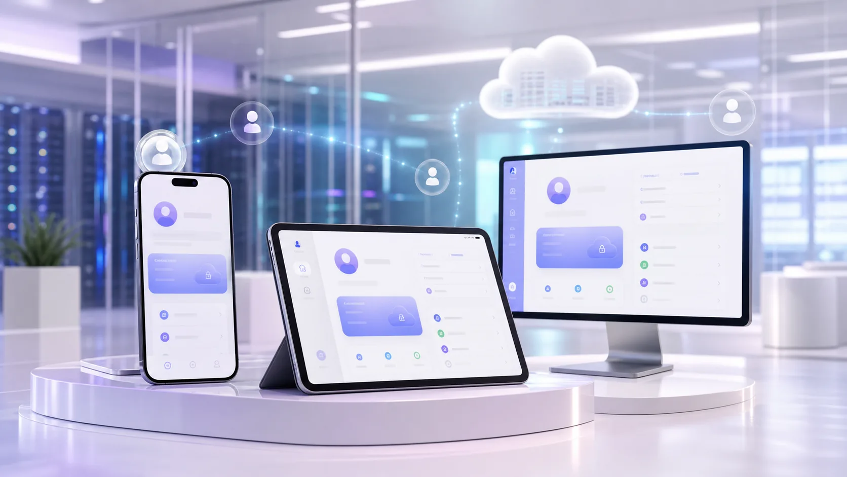 Cloud app with account data syncing across phone, tablet, and desktop screens.