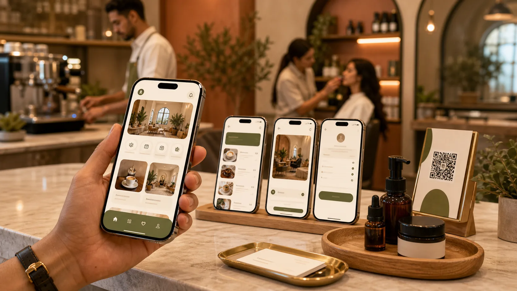 Local business mobile app mockup across multiple phones in a premium service counter setting.