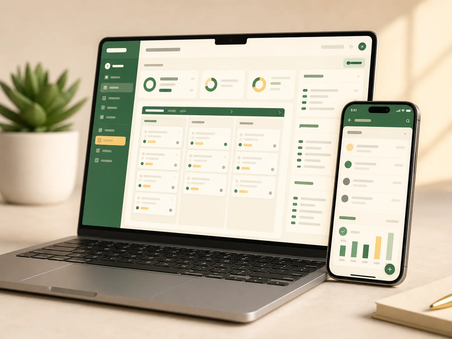 Database-powered productivity app shown across laptop and phone with structured records and lists.