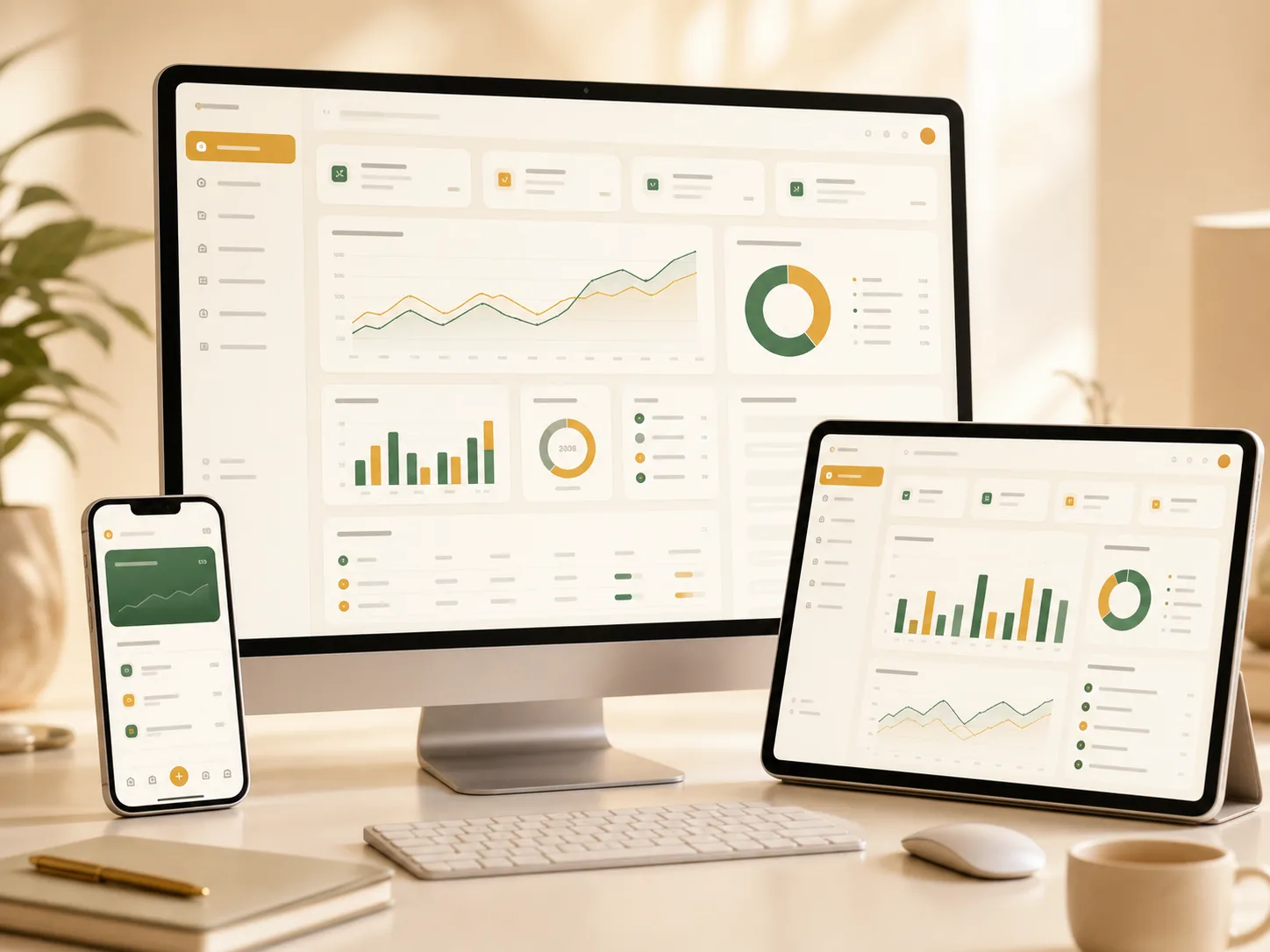 Finished professional SaaS product displayed across desktop, tablet, and phone screens.