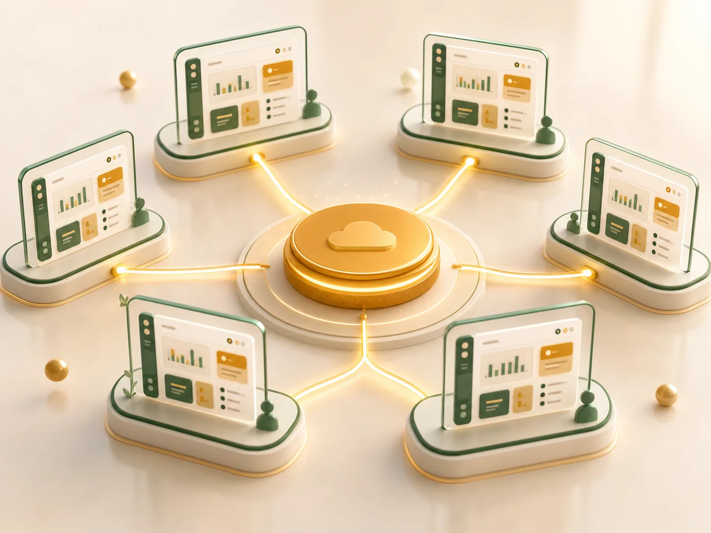 Multi-tenant SaaS core visualized as separate tenant workspaces connected to one central platform.