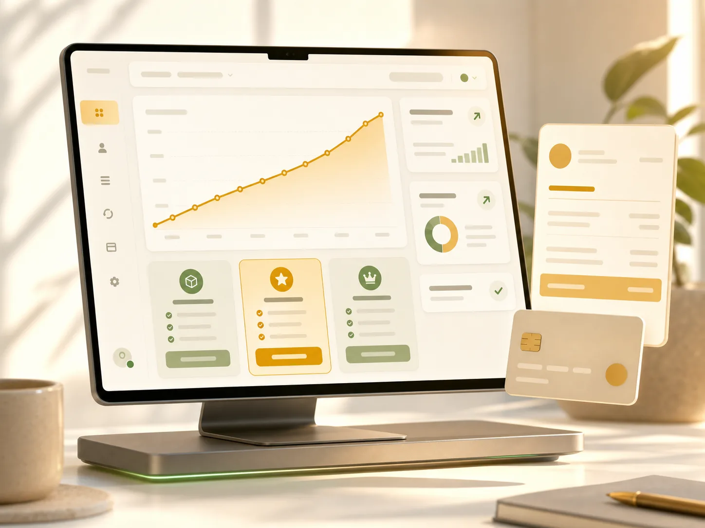 Subscription billing engine dashboard with pricing cards, recurring revenue chart, and invoice elements.