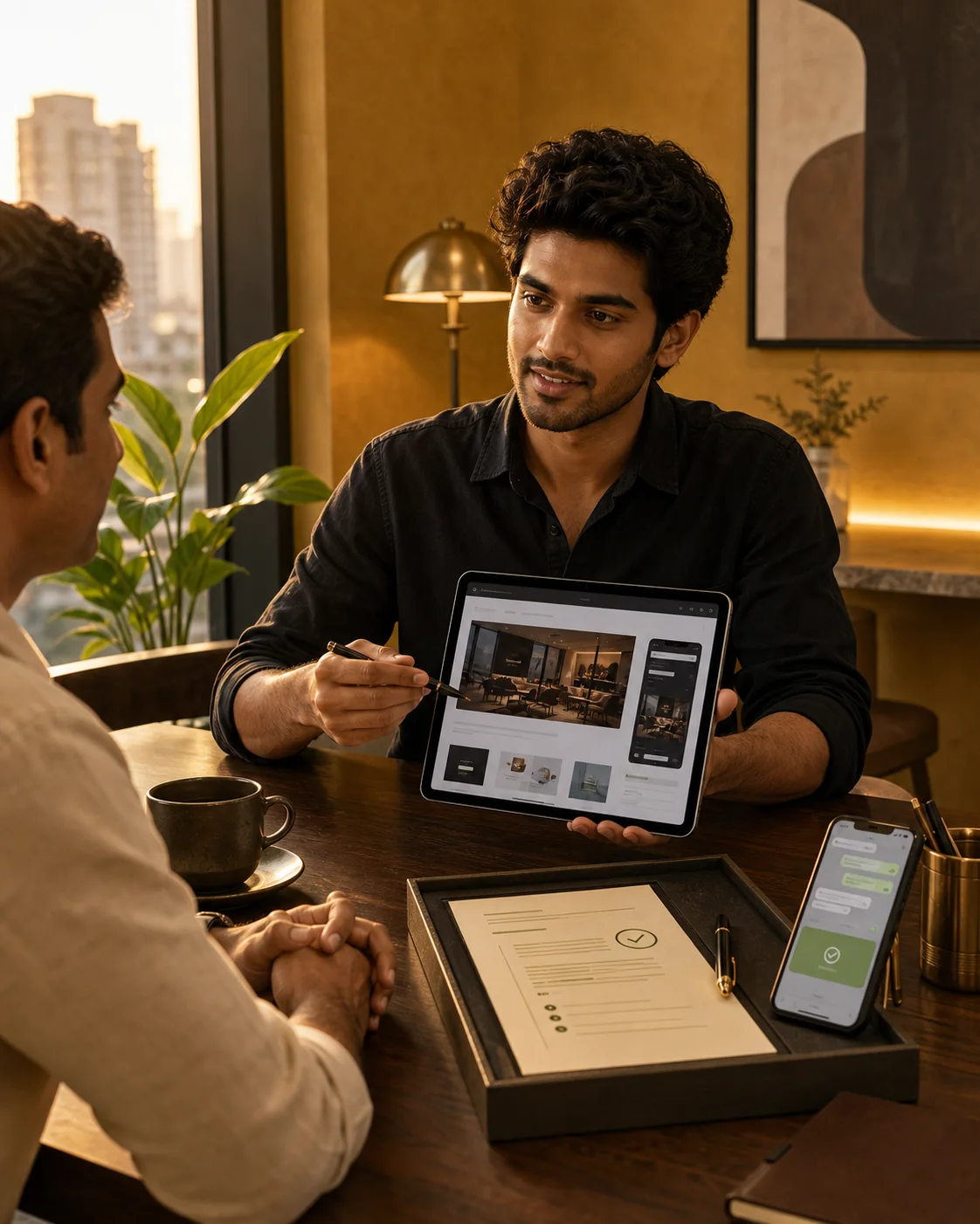 Web development graduate showing a finished project to a client with proposal and payment confirmation cues.