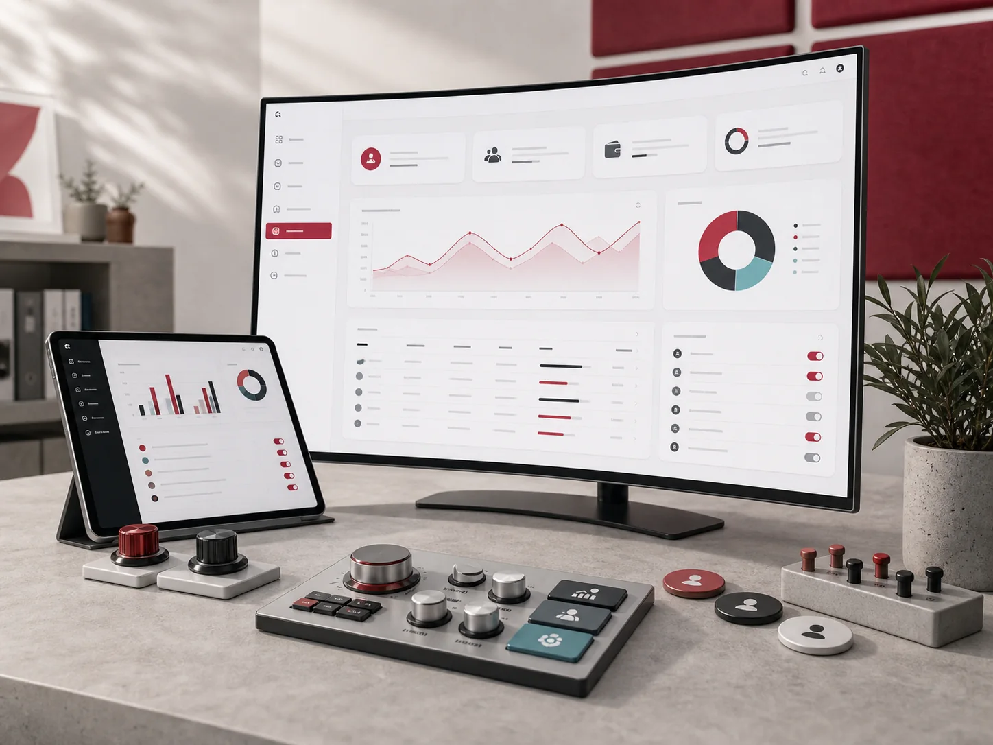 Admin dashboard with charts, tables, switches, and physical role-control tokens.