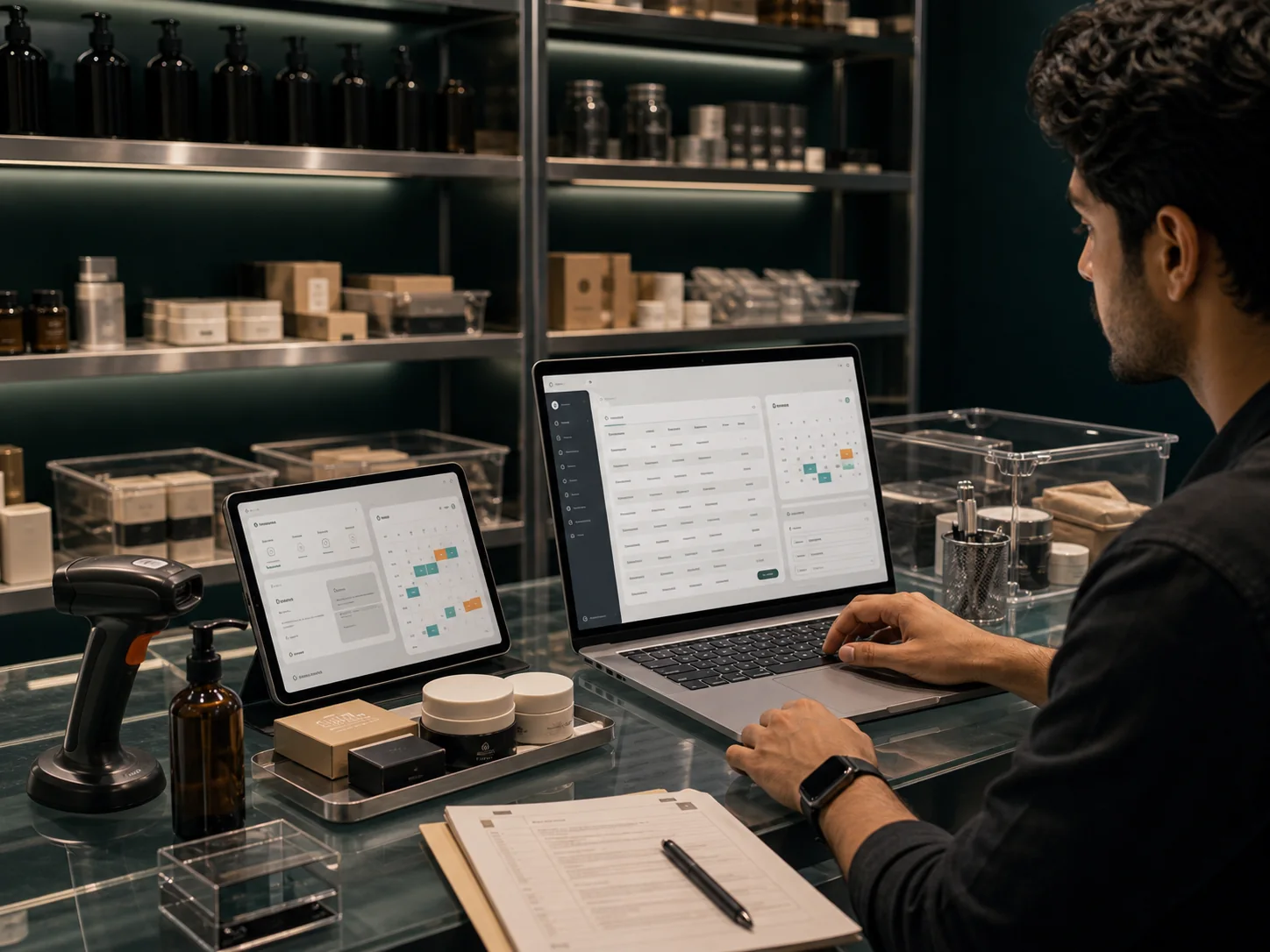 Full-stack booking and inventory app running beside product stock and scanner hardware.