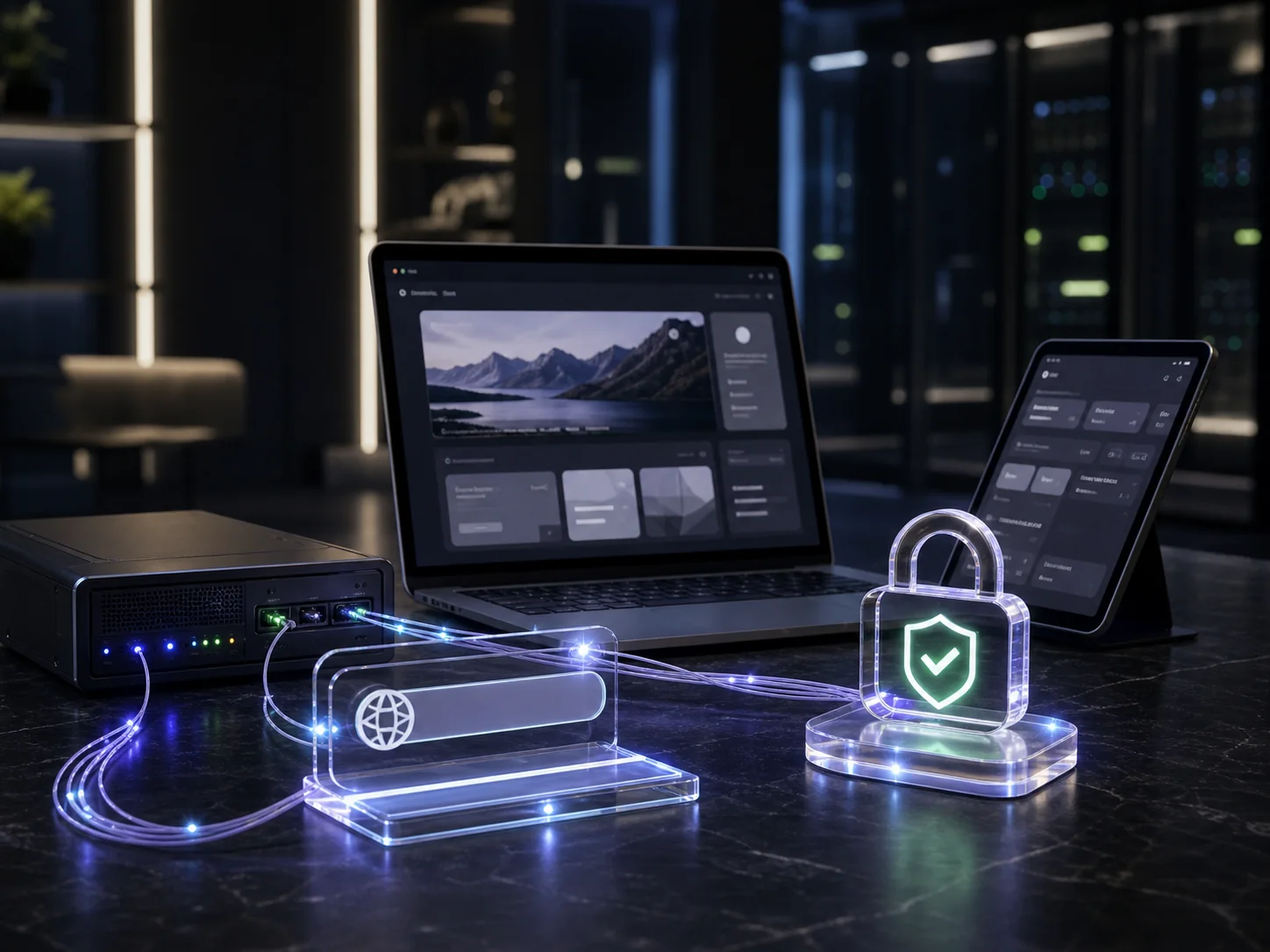 Deployed web app connected to server hardware, domain routing, and SSL security lock cues.