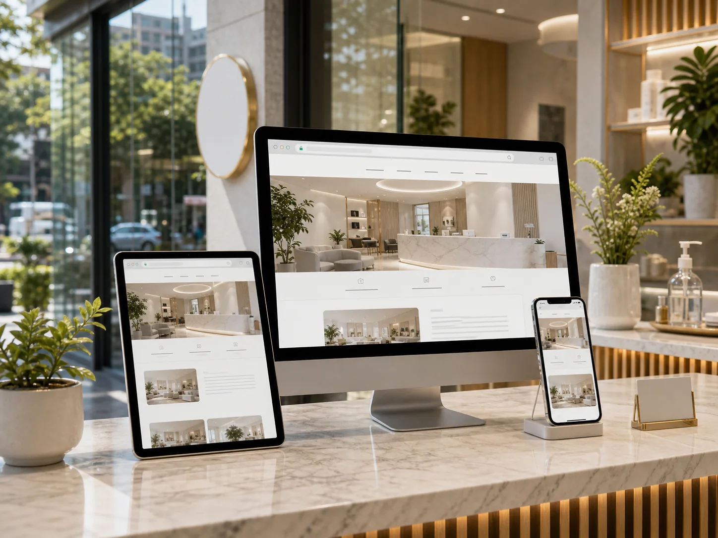 Responsive live business website shown across desktop, tablet, and phone in a premium local business setting.