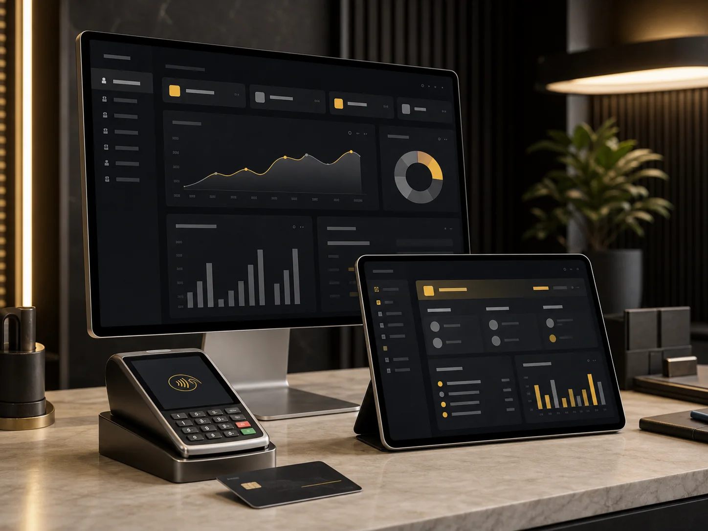 SaaS-style client portal, admin dashboard, and payment terminal shown as a premium software mockup.