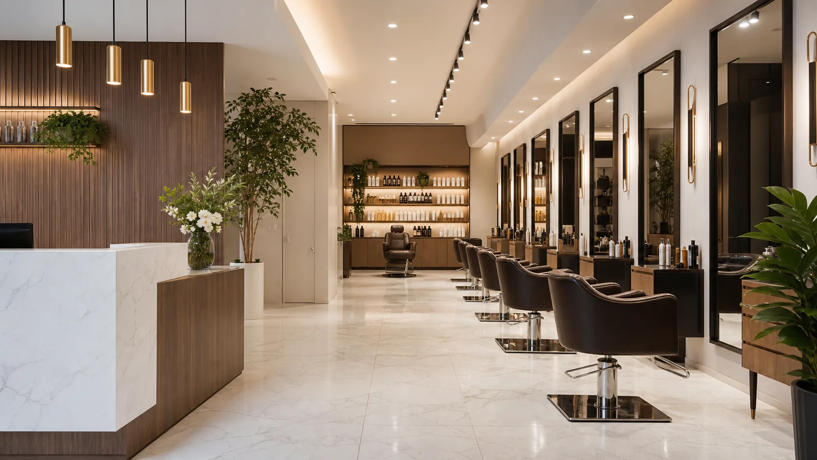 The AAINA reception, marble desk, brass pendants and a receding row of espresso chairs