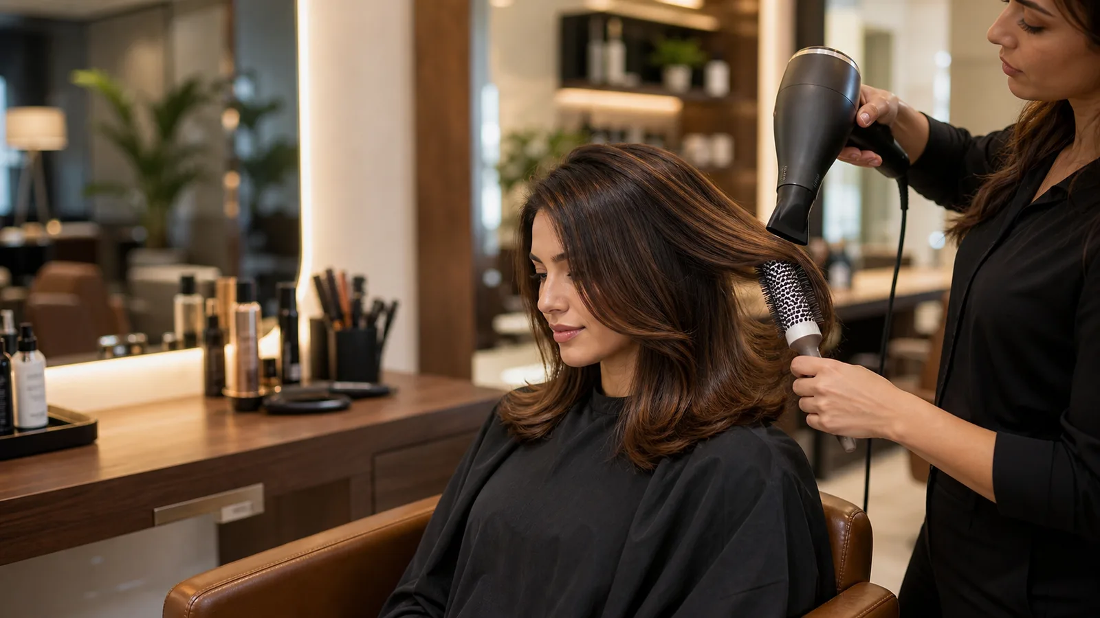 A round-brush blow-dry in progress, a stylist drying a client's glossy brunette hair to a smooth finish