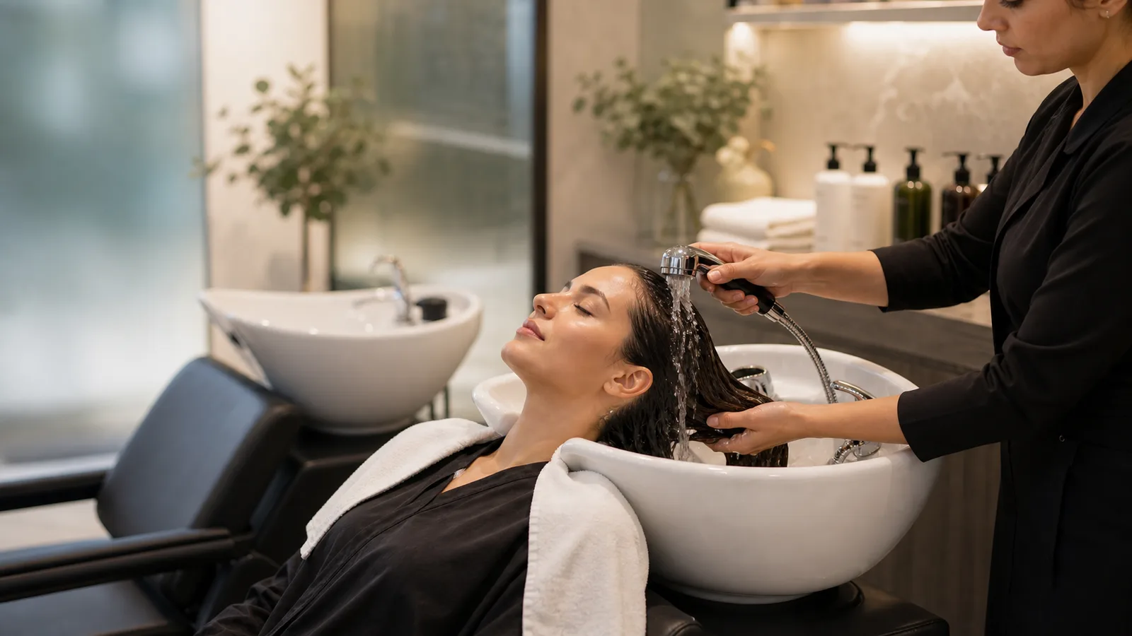 The cleanse, a client reclined at the backwash while warm water runs through her hair