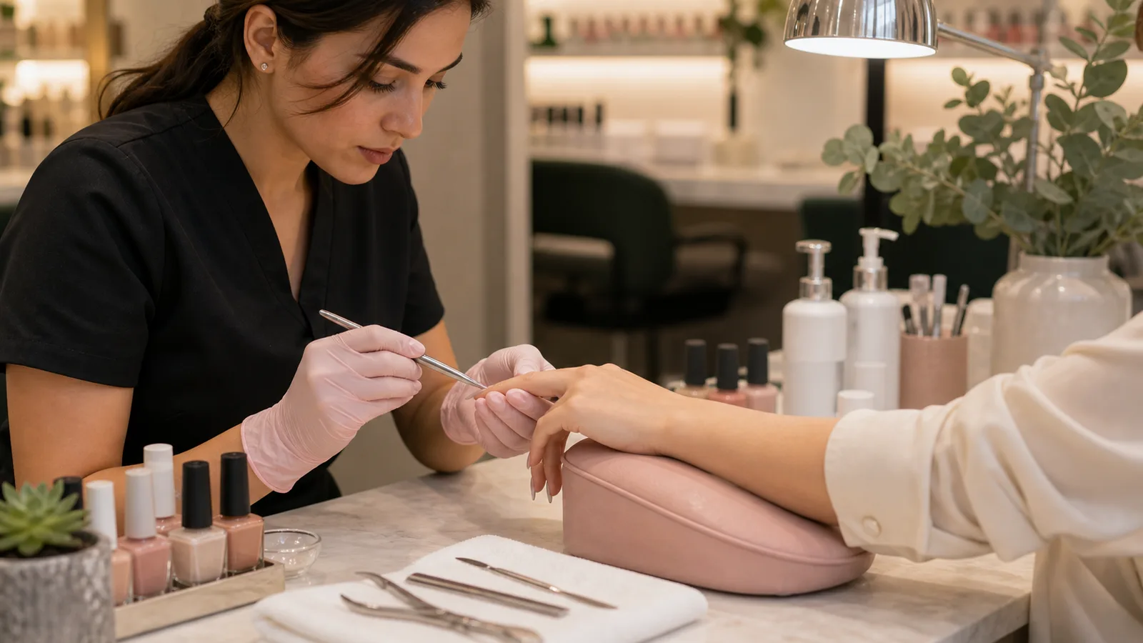 A spa manicure in progress, gloved hands filing a client's nails over a blush cushion
