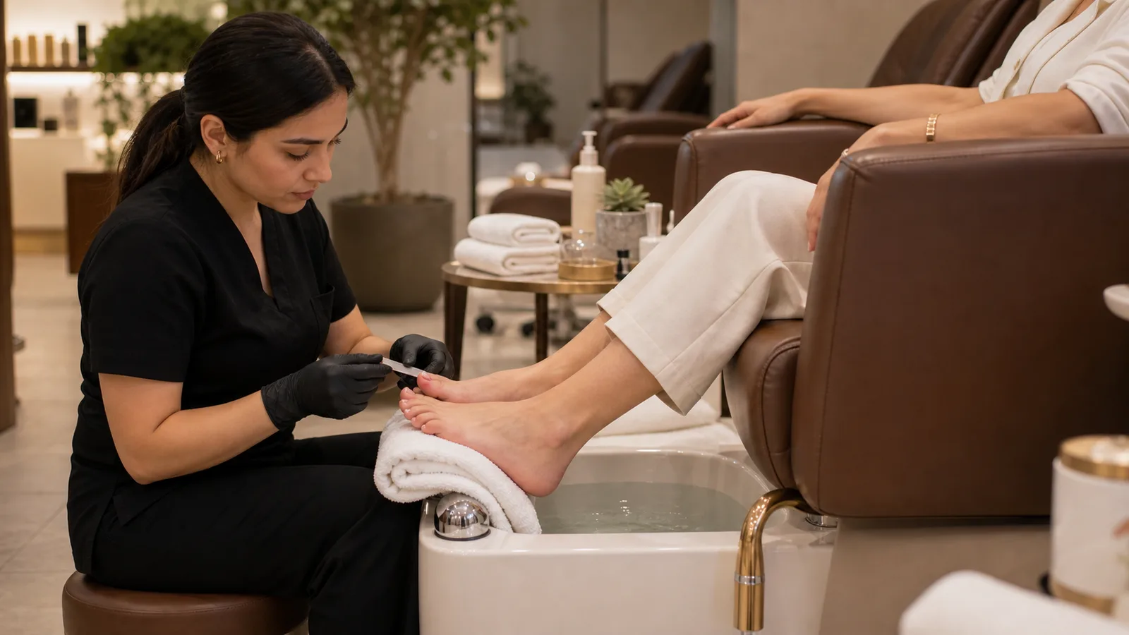 A pedicure at the stone basin, warm water, white linen and the leather spa recliner