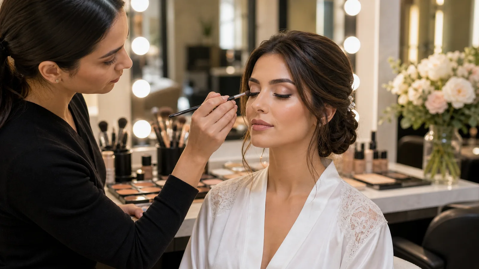 An artist brushing eyeshadow onto a serene client at the Hollywood-bulb mirror