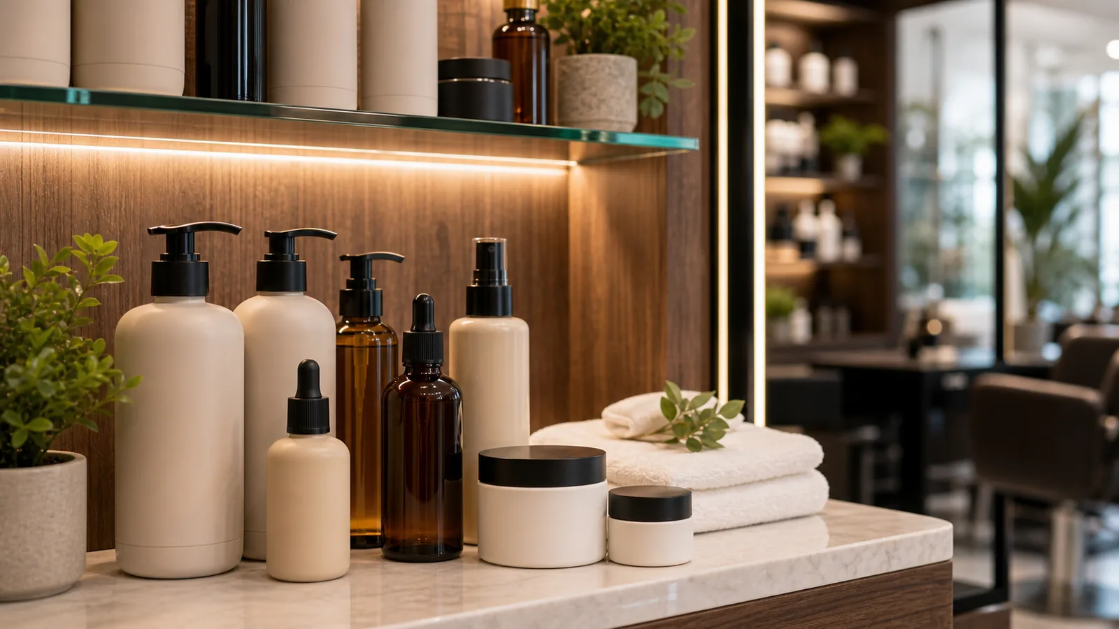 Unlabelled cream bottles and amber glass on marble retail shelving