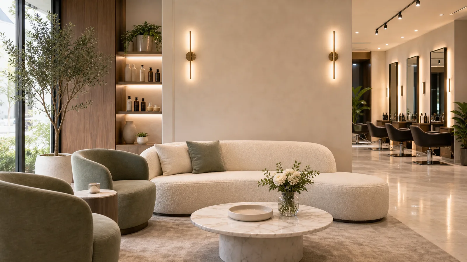 The AAINA lounge, boucle sofa, sage chairs and warm marble