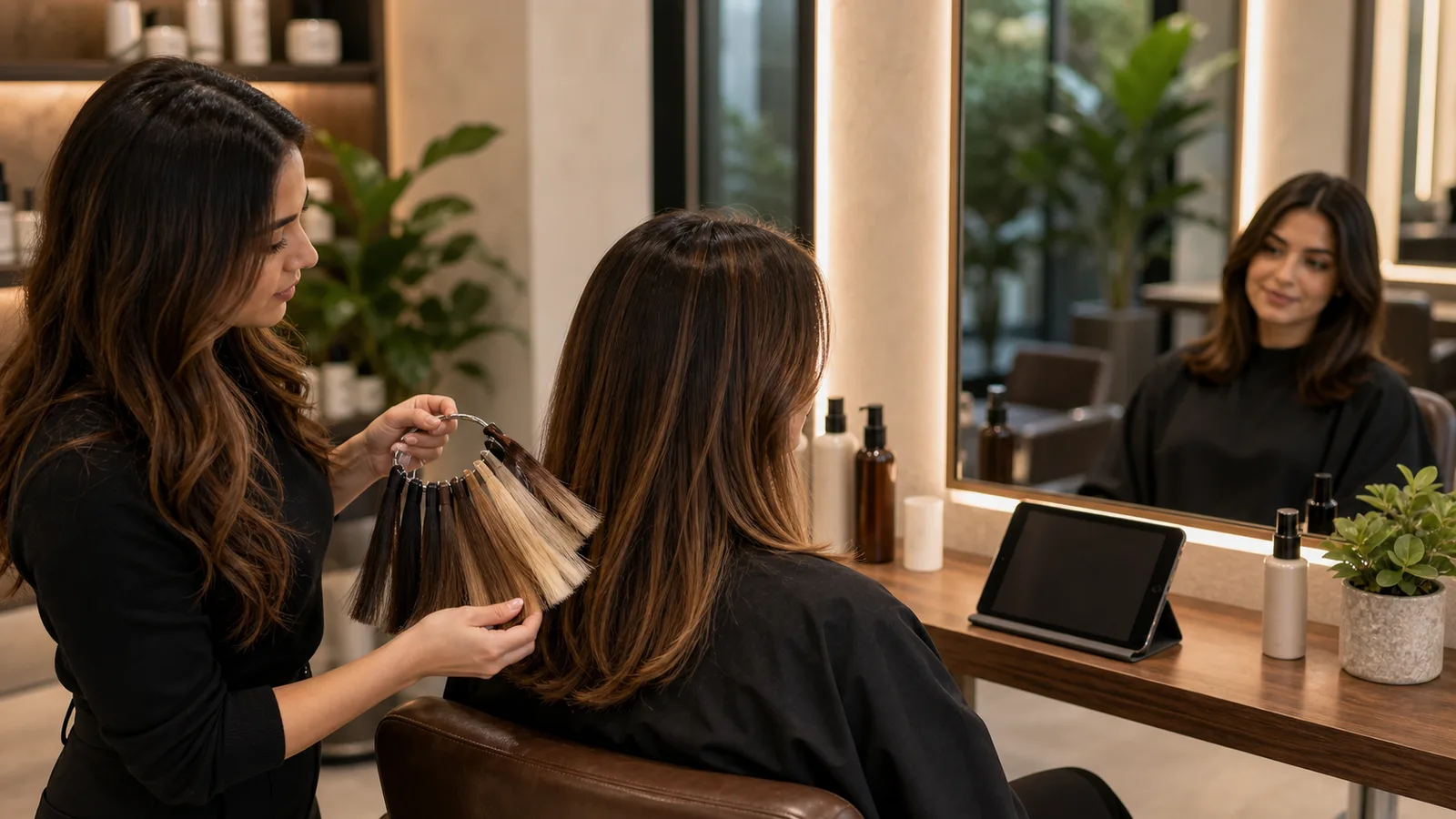 A stylist holding a ring of colour swatches beside a seated client