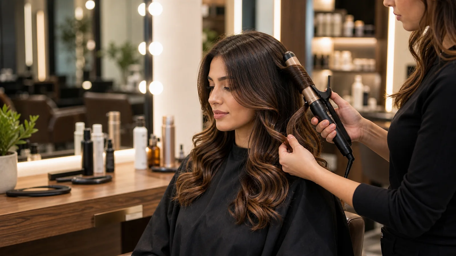 A stylist setting long brunette waves with a curling barrel at a mirror station