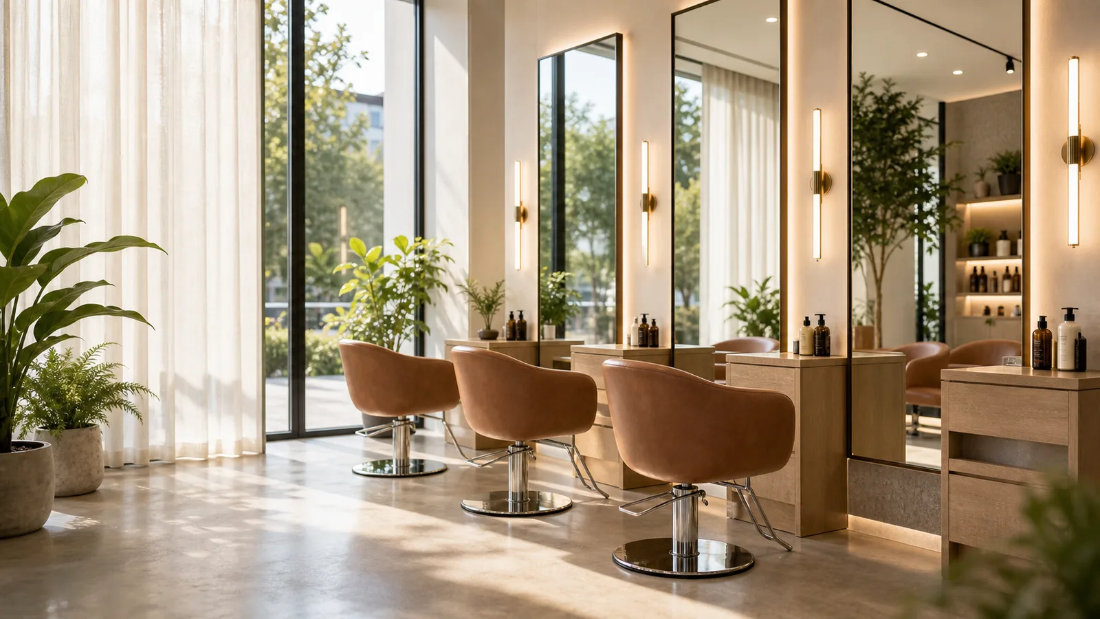 A daylit row of terracotta styling chairs at tall mirror stations