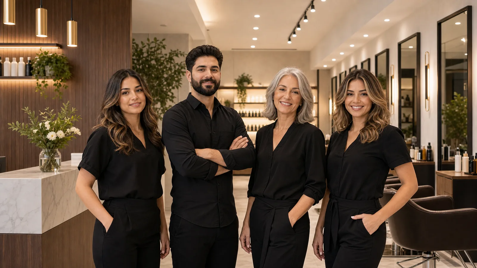 The AAINA team in matching black: three women and one bearded man standing in the atelier