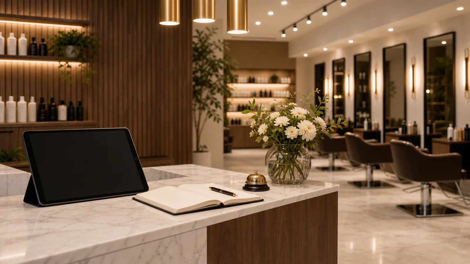 The reception desk at AAINA, marble, a brass bell, fresh flowers and the day's appointment book