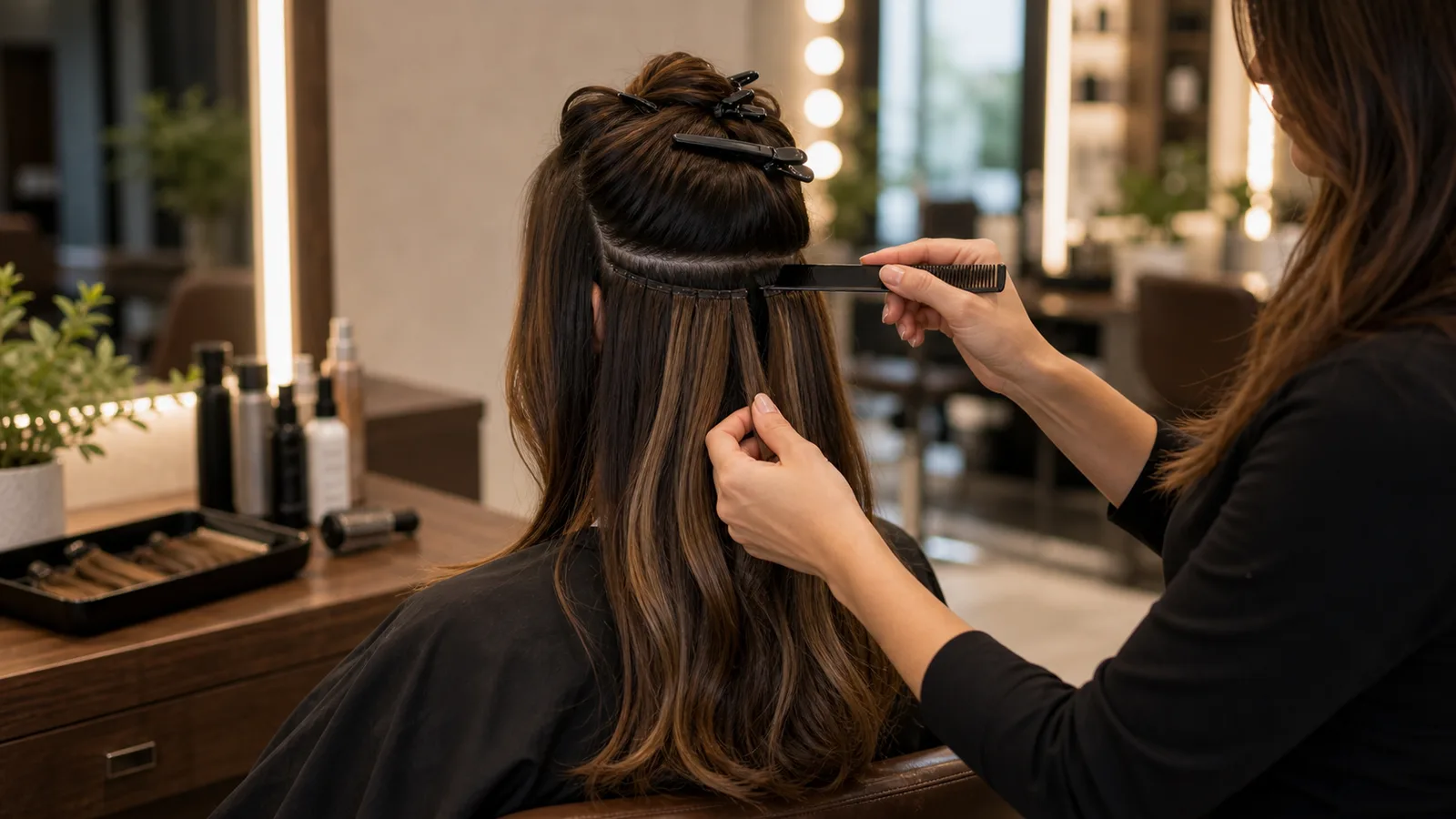 A stylist blending long highlighted extensions into the sectioned crown of a seated client