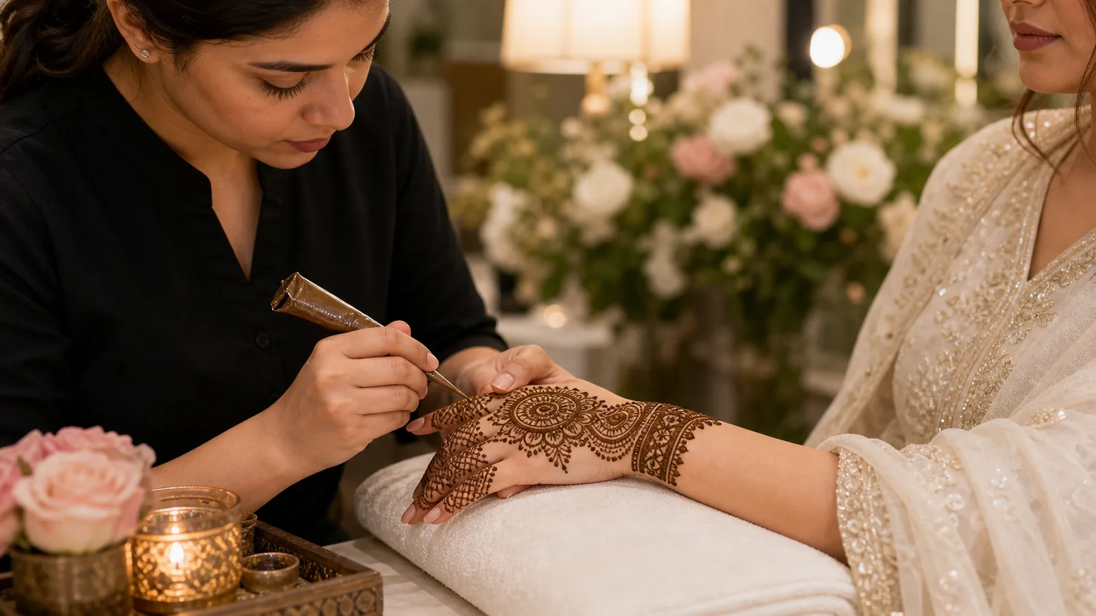 Bridal mehndi applied by hand amid roses and candlelight