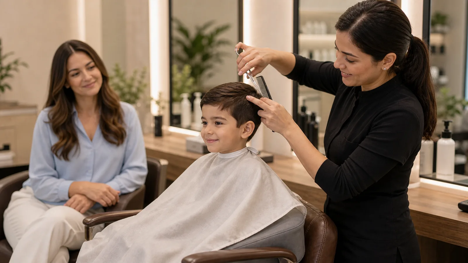 A smiling young boy in a cape getting his first haircut while his mother watches