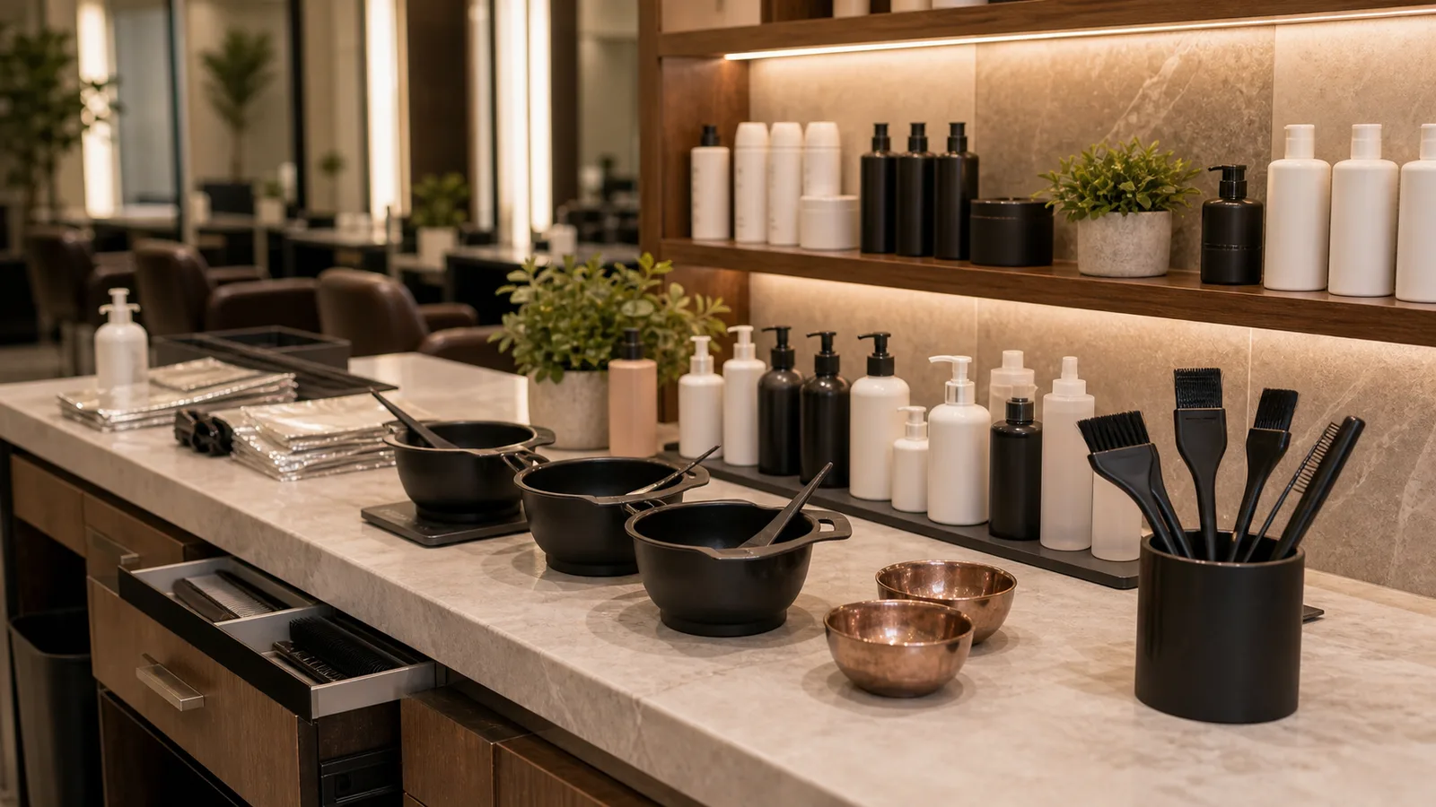 The AAINA colour bar with black tint bowls and brushes, copper mixing dishes and rows of bottles on backlit shelves